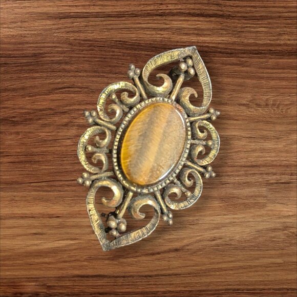 Vintage LG Oval Tigers Eye Filigree Brooch Gold-Tone Floral Pin Estate  2" - Picture 2 of 8
